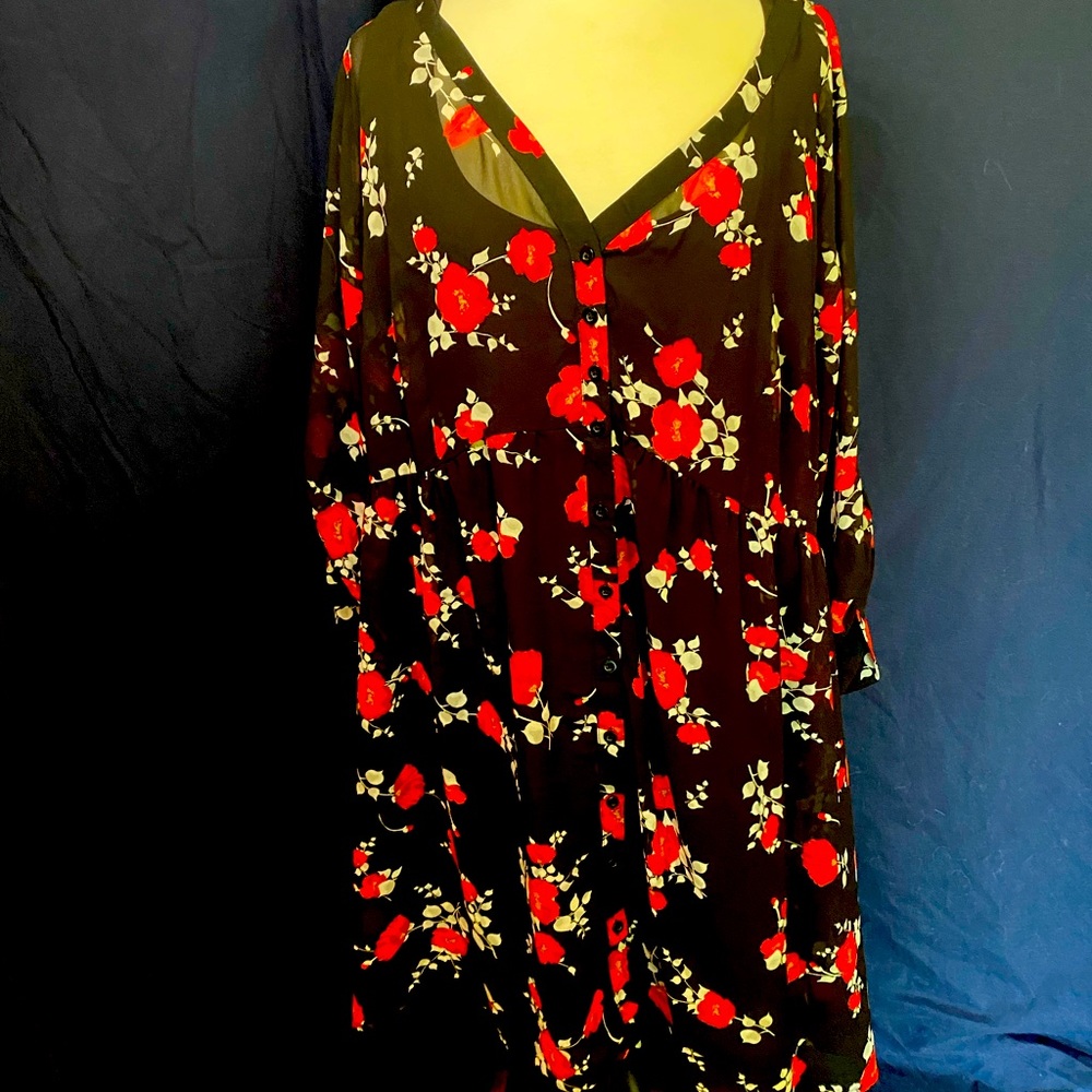 2 piece black shift dress with chiffon floral overlayer Torrid size 3
